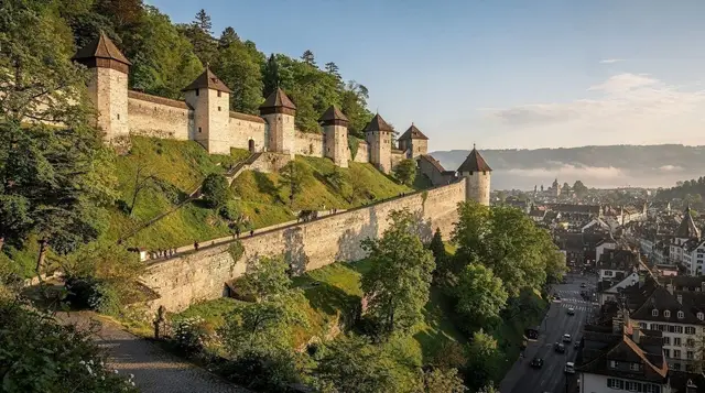 The Musegg Wall: nine towers, one clock that runs a minute fast